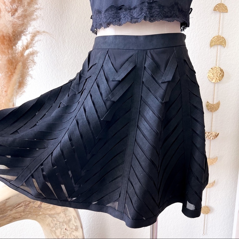 ANGL Black Faux Suede Mesh 3D Chevron Structured Skater Skirt